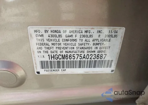 2005 Honda Accord 3.0 Ex из США, поврежденный, VIN 1HGCM66575A023687